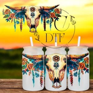 UV DTF crâne de bœuf avec fleur