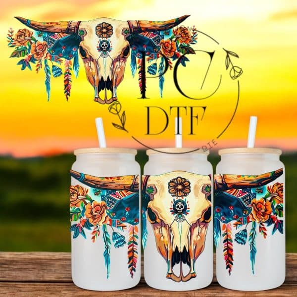 UV DTF crâne de bœuf avec fleur