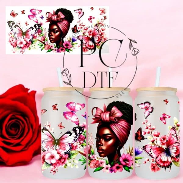UV DTF femme bandeau et papillon rose