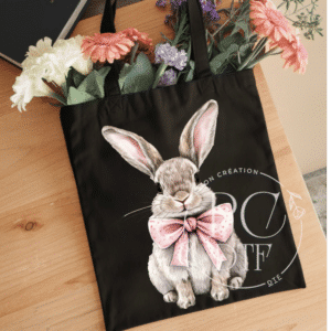 DTF de Pâques lapin gris avec boucle rose